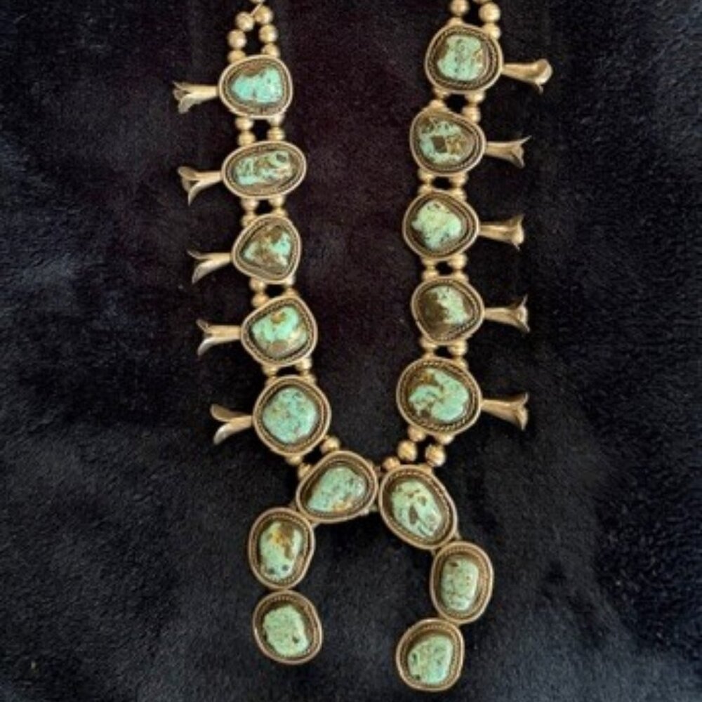Vintage 1970s Navajo Turquoise Squash Blossom Necklace | Sterling Silver |
